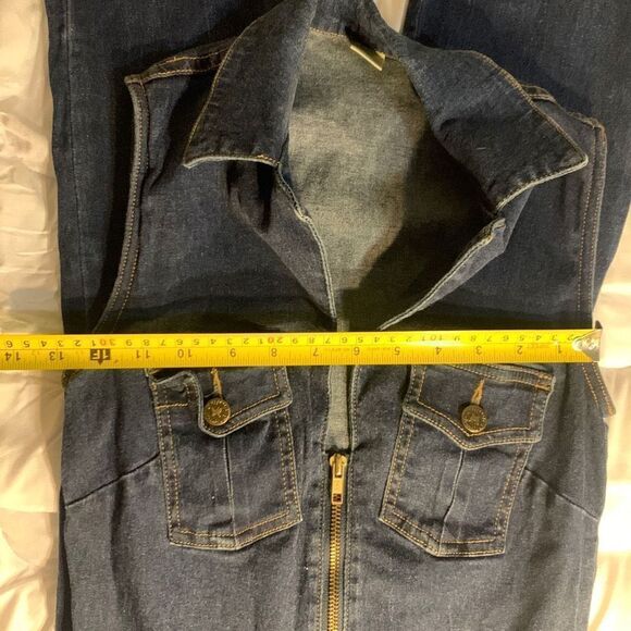 Frankie B Y2K Jumpsuit Dark Wash Denim Zip up Large Inseam 30 inches - Picture 2 of 14